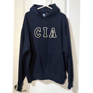 Vintage Early 1990s CIA Logo Hoodie – Navy Blue Pullover Sweatshirt – Distressed